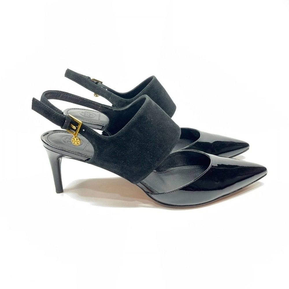 Tory Burch Patent Leather and Suede Slingback Heels – Black – 10.5 M